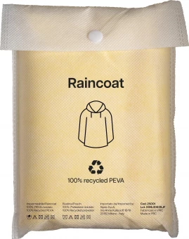 Waterproof poncho made of recycled PEVA. Inserted in recycled PET pouch with graphics